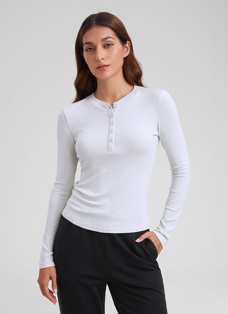 CRZ YOGA Womens Fitted Casual Ribbed Modal Henley Shirts Long Sleeves Black