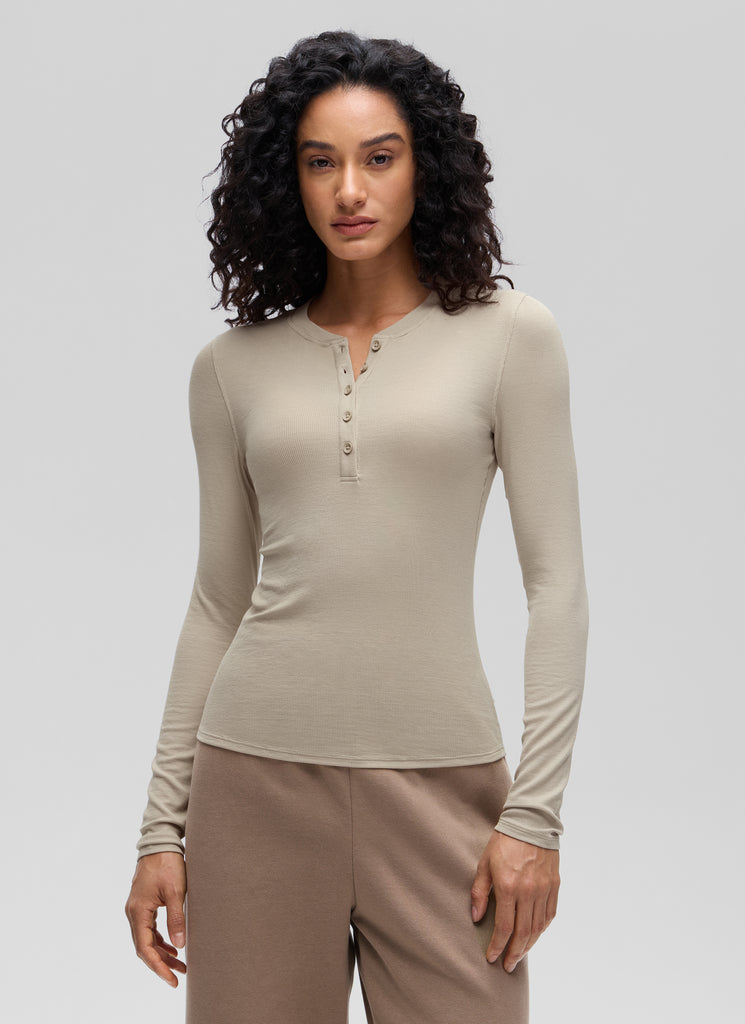 CRZ YOGA Womens Fitted Casual Ribbed Modal Henley Shirts Long Sleeves Pink Peony