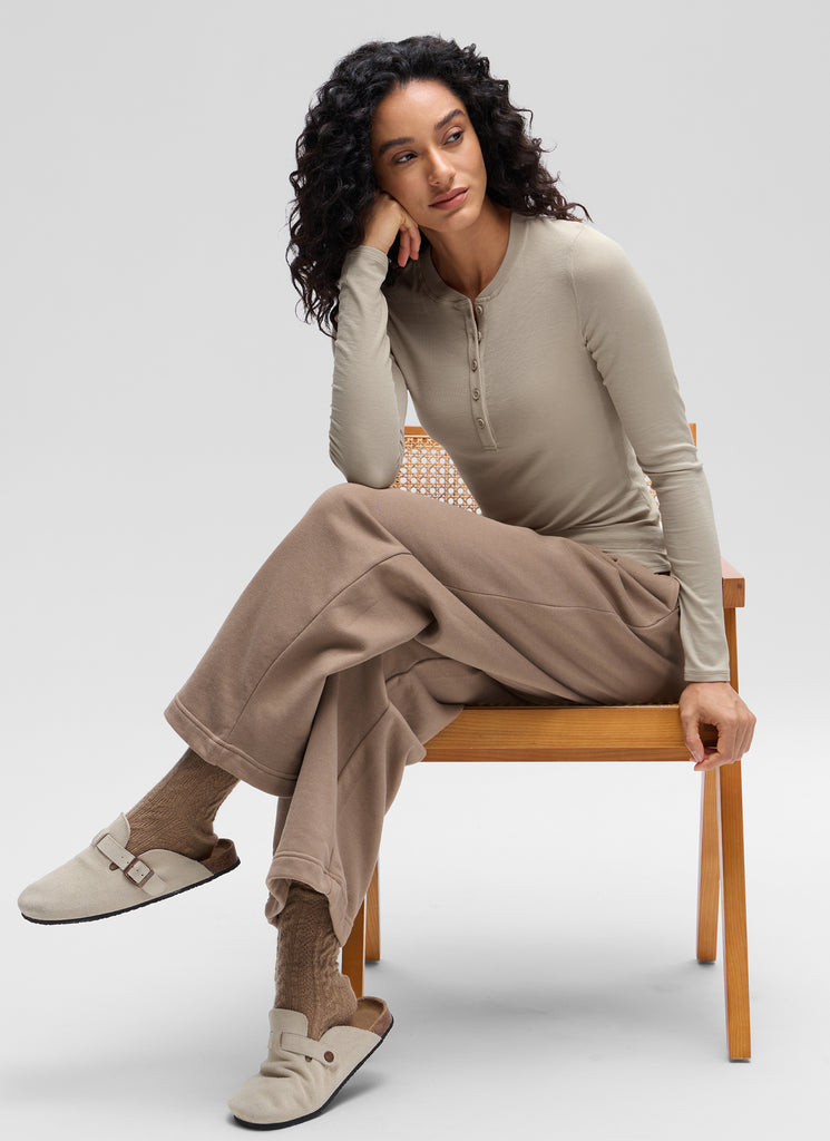 CRZ YOGA Womens Fitted Casual Ribbed Modal Henley Shirts Long Sleeves Pink Peony