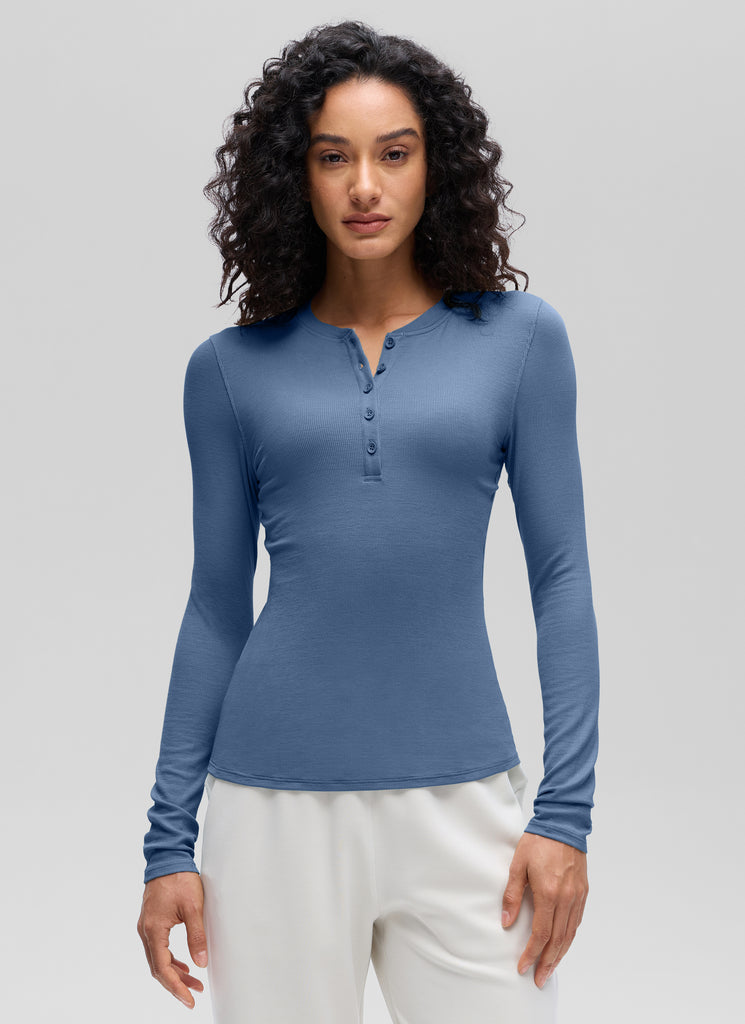 CRZ YOGA Womens Fitted Casual Ribbed Modal Henley Shirts Long Sleeves Pink Peony