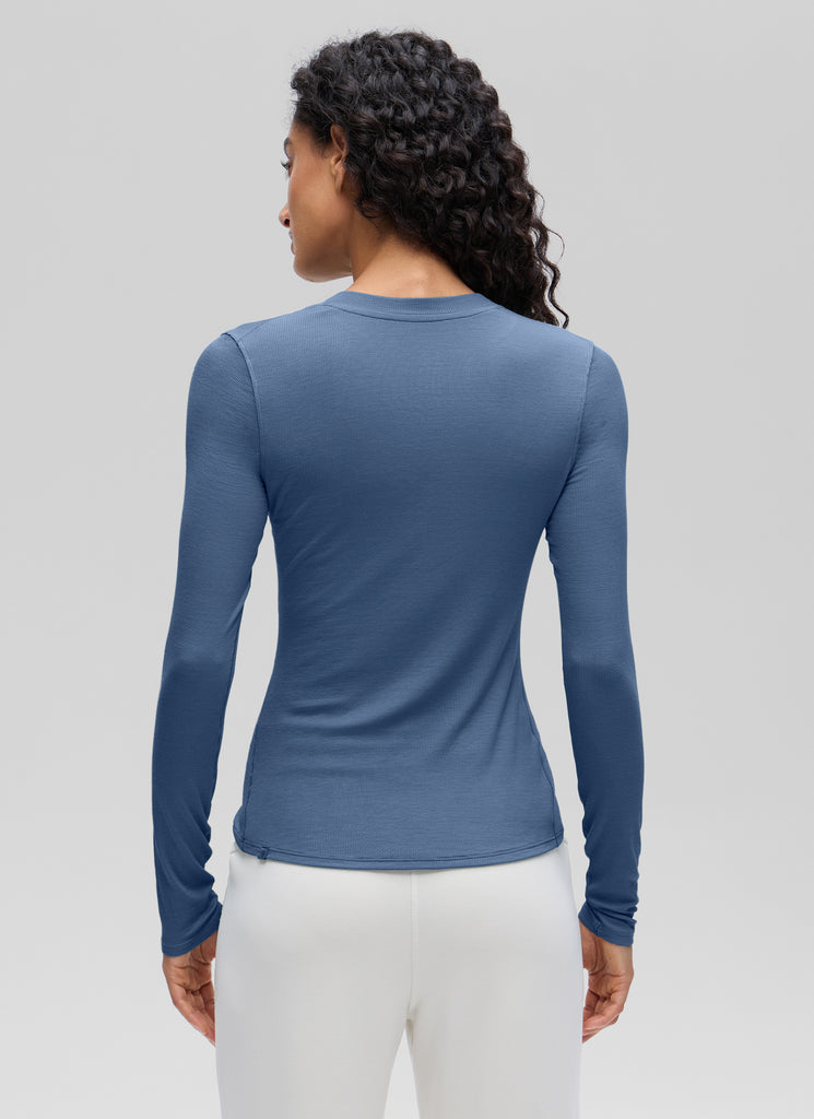 CRZ YOGA Womens Fitted Casual Ribbed Modal Henley Shirts Long Sleeves Mojave Tan