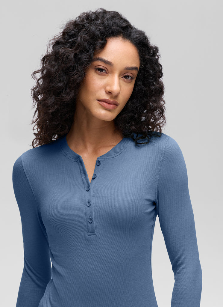 CRZ YOGA Womens Fitted Casual Ribbed Modal Henley Shirts Long Sleeves Mojave Tan