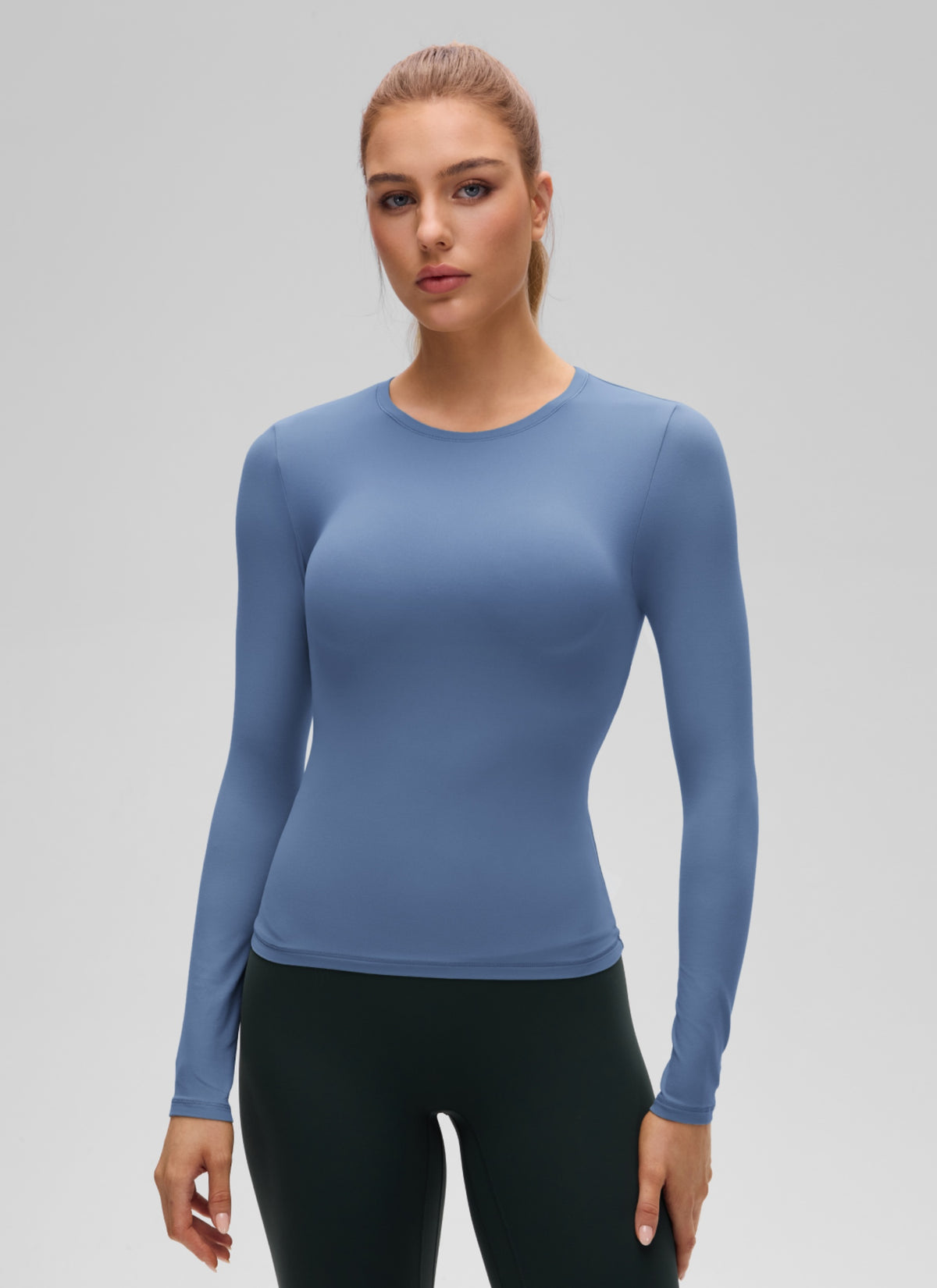 CRZ YOGA Women's Crew Neck Tight Fit Long Sleeve Shirts Casual Tee Oasis Blue @model_info:A