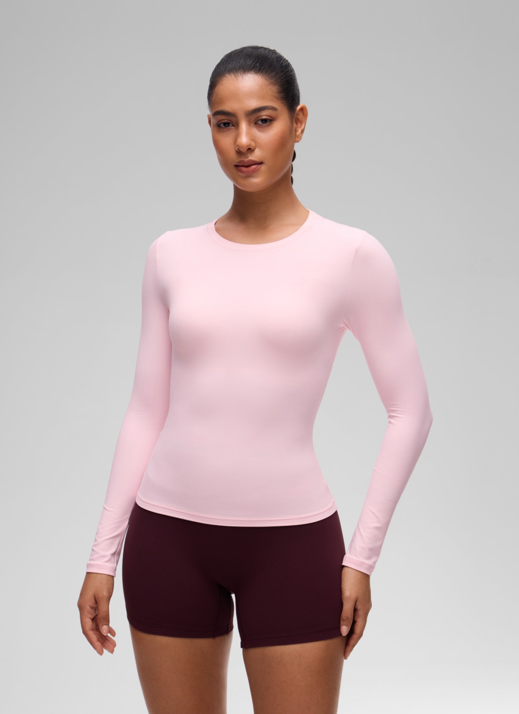 CRZ YOGA Women's Crew Neck Tight Fit Long Sleeve Shirts Casual Tee Strawberry Pink @model_info:C