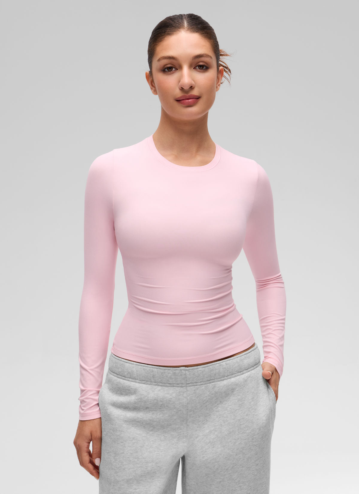 CRZ YOGA Women's Crew Neck Tight Fit Long Sleeve Shirts Casual Tee Strawberry Pink