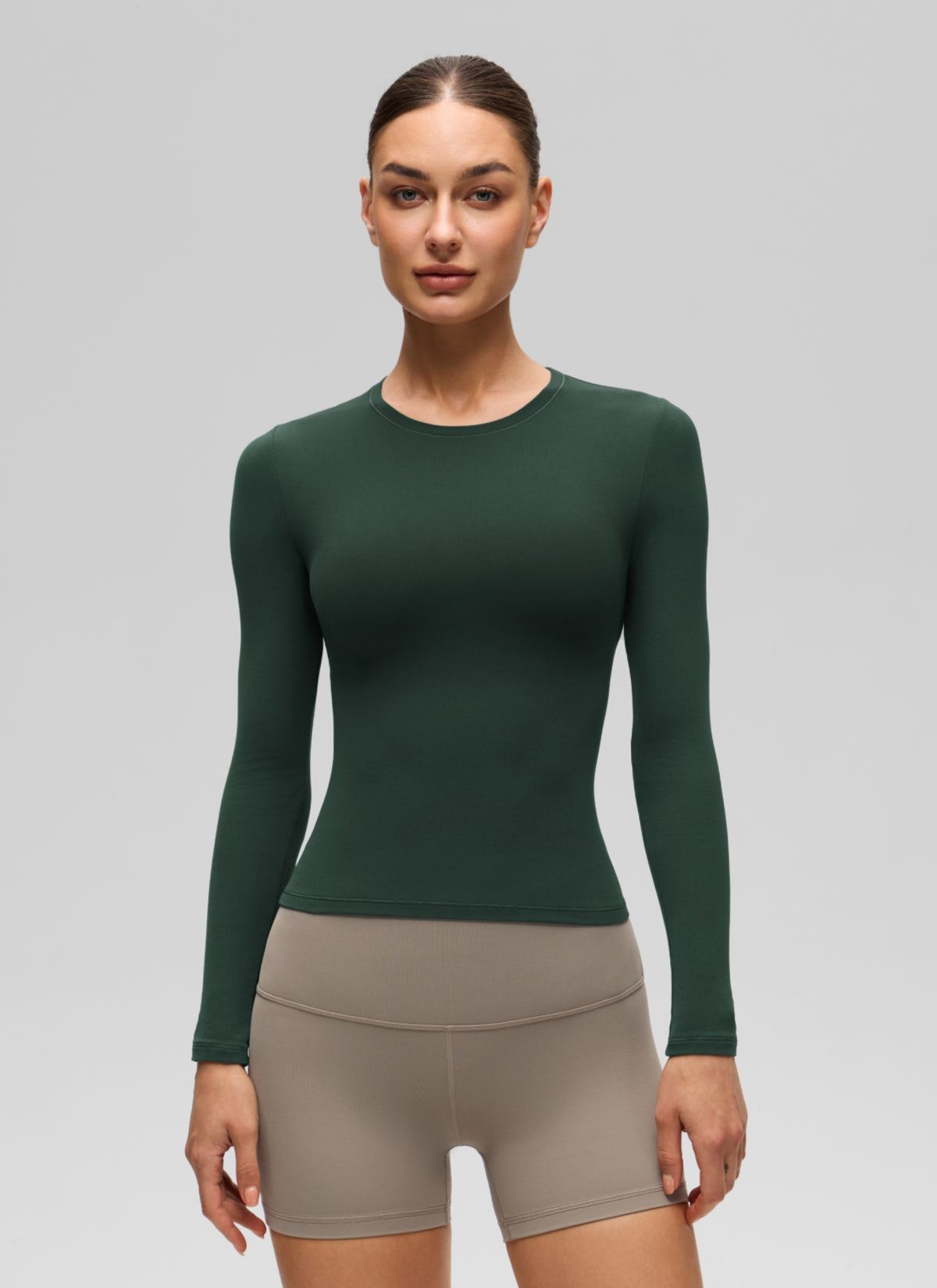 CRZ YOGA Women's Crew Neck Tight Fit Long Sleeve Shirts Casual Tee Legend Green @model_info:K