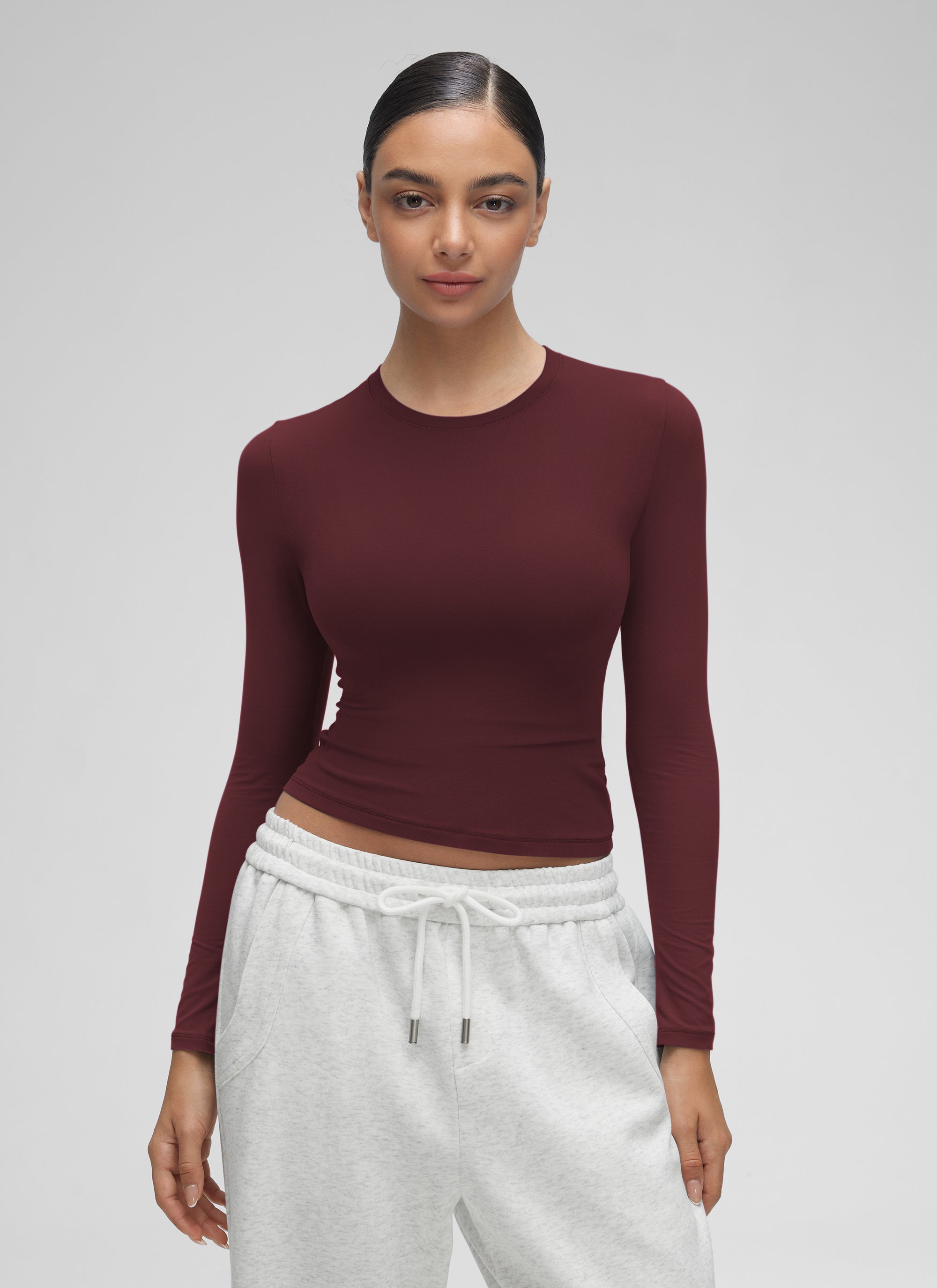 CRZ YOGA Women's Crew Neck Tight Fit Long Sleeve Shirts Casual Tee Red Merlot