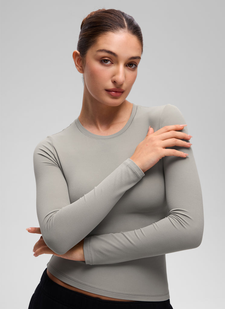 CRZ YOGA Women's Crew Neck Tight Fit Long Sleeve Shirts Casual Tee Rock grey