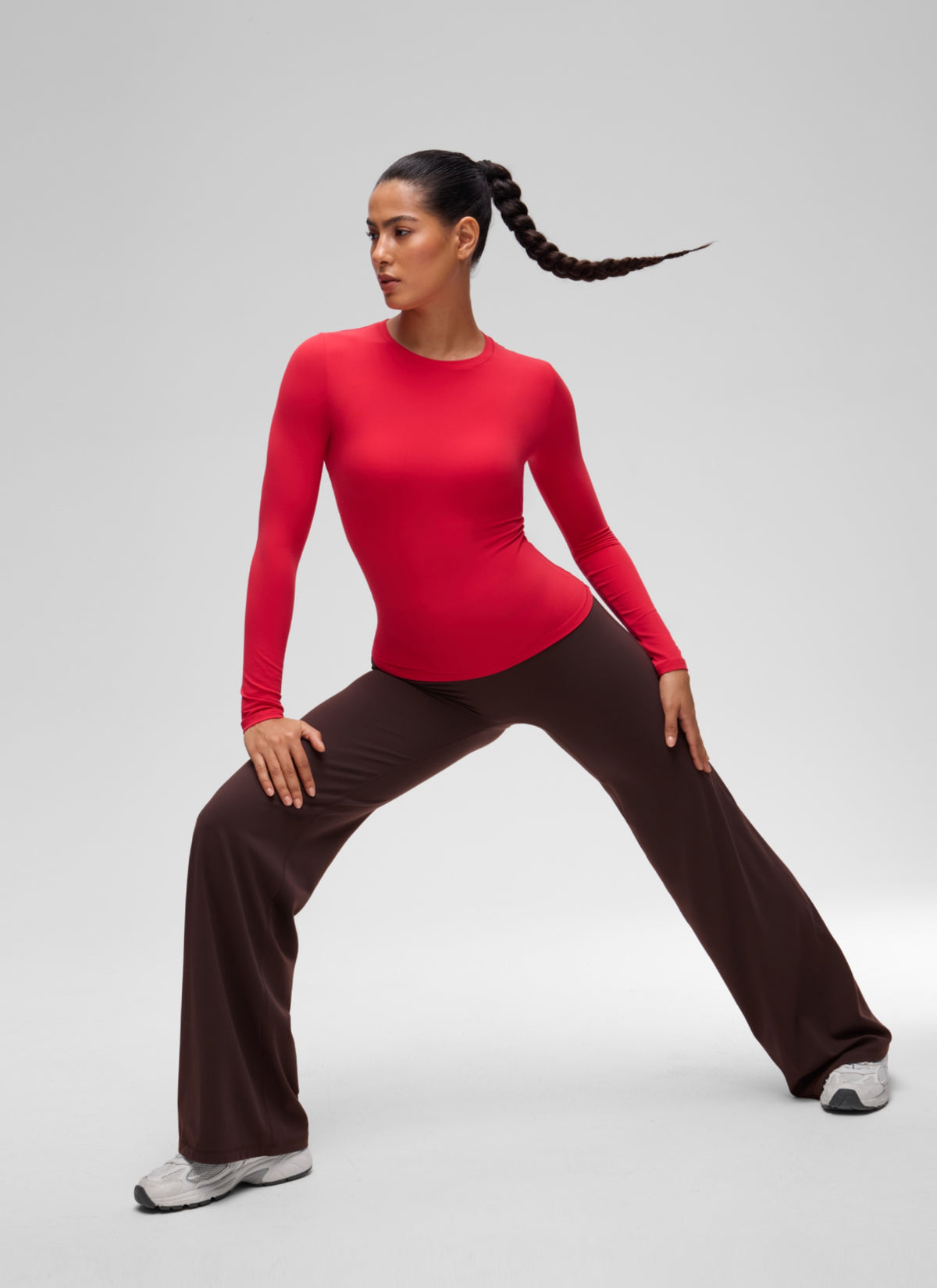 CRZ YOGA Women's Crew Neck Tight Fit Long Sleeve Shirts Casual Tee Aurora Red @model_info:C