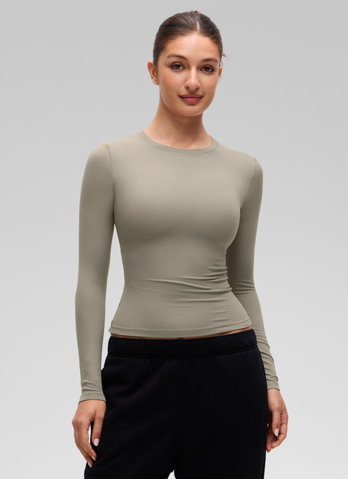 CRZ YOGA Women's Crew Neck Tight Fit Long Sleeve Shirts Casual Tee Warm Ash Grey