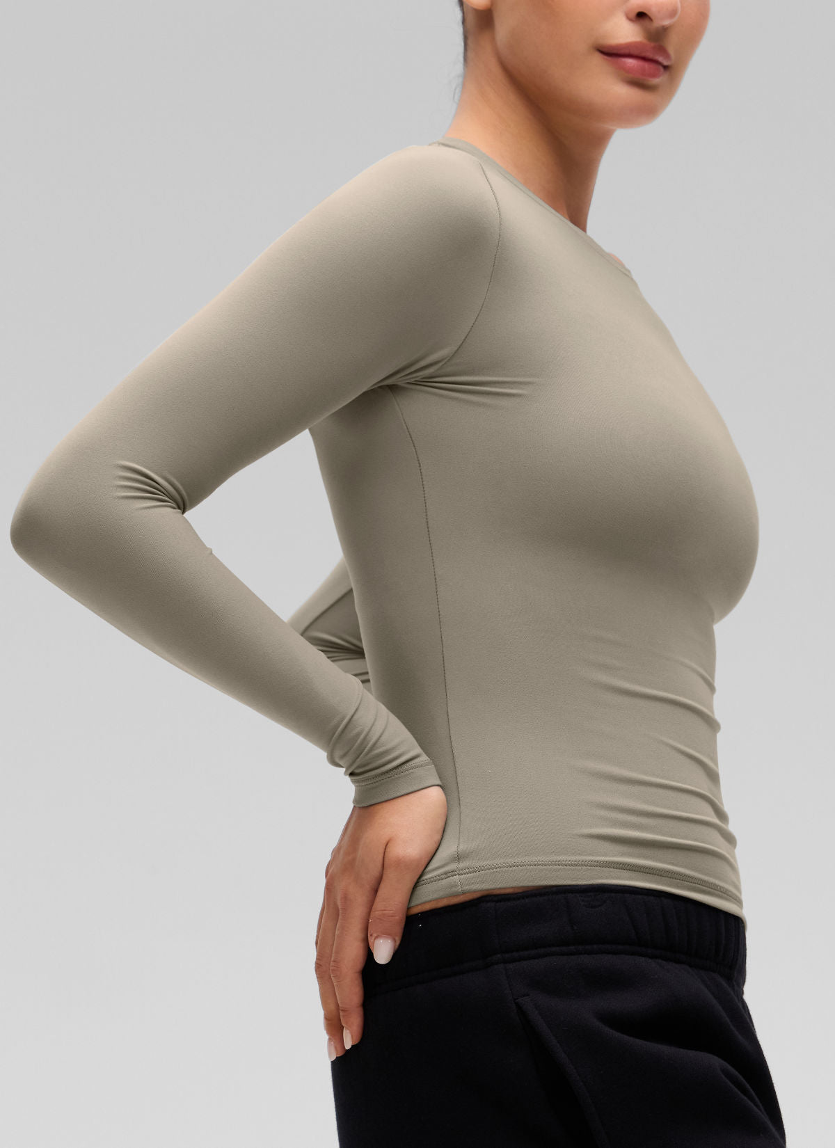 CRZ YOGA Women's Crew Neck Tight Fit Long Sleeve Shirts Casual Tee Warm Ash Grey