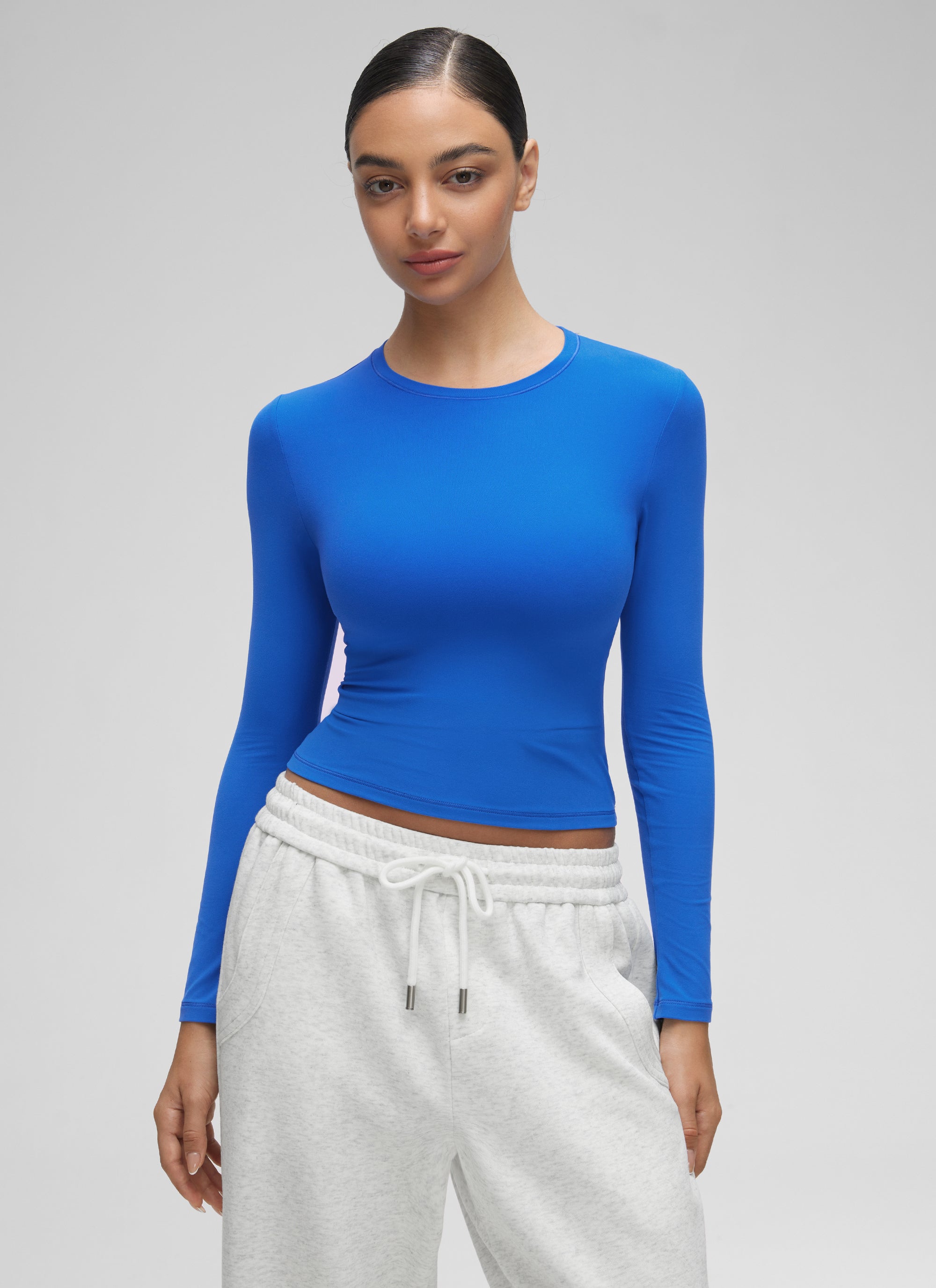 CRZ YOGA Women's Crew Neck Tight Fit Long Sleeve Shirts Casual Tee Sparkle Blue