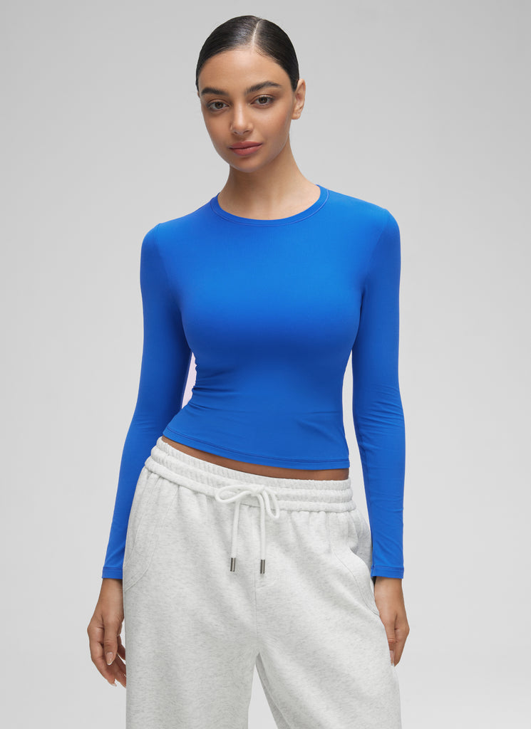 CRZ YOGA Women's Crew Neck Tight Fit Long Sleeve Shirts Casual Tee White