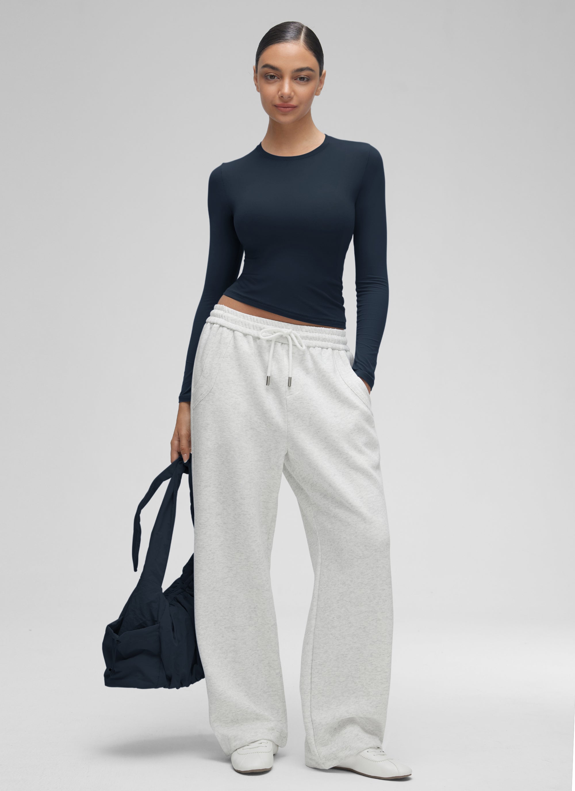 CRZ YOGA Women's Crew Neck Tight Fit Long Sleeve Shirts Casual Tee True Navy