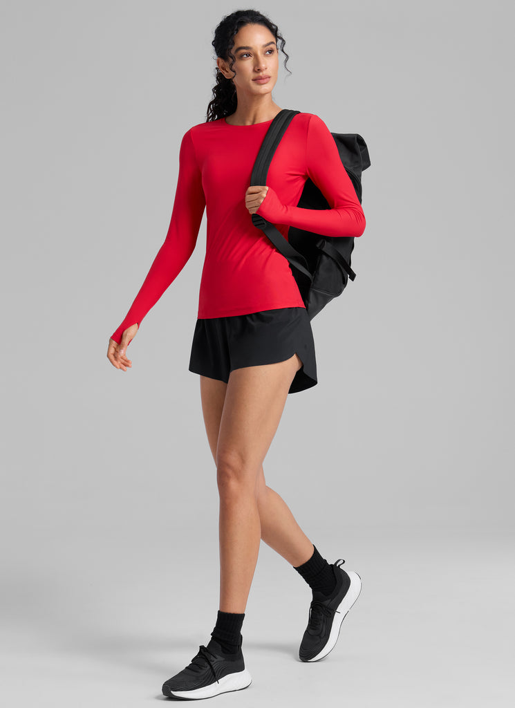 CRZYOGA Women's Cloudweight Workout Crewneck Long Sleeve Thumb Hole Aurora Red