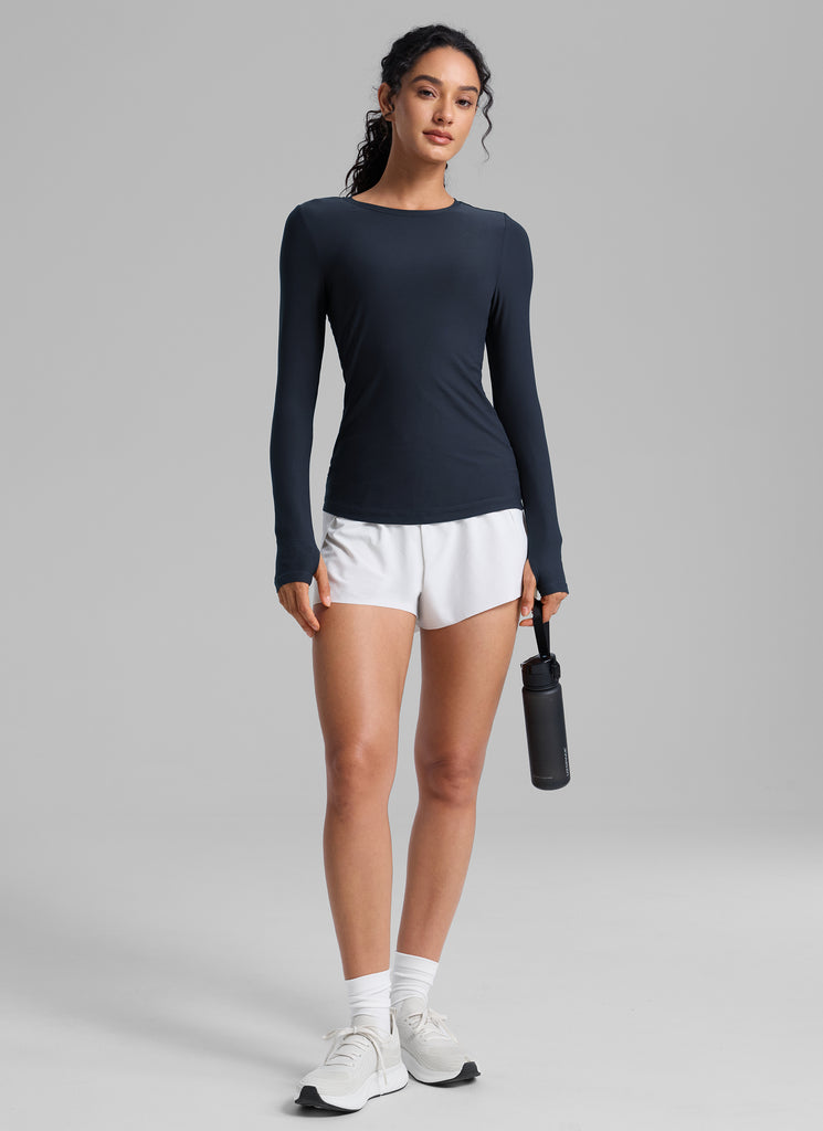 CRZYOGA Women's Cloudweight Workout Crewneck Long Sleeve Thumb Hole White