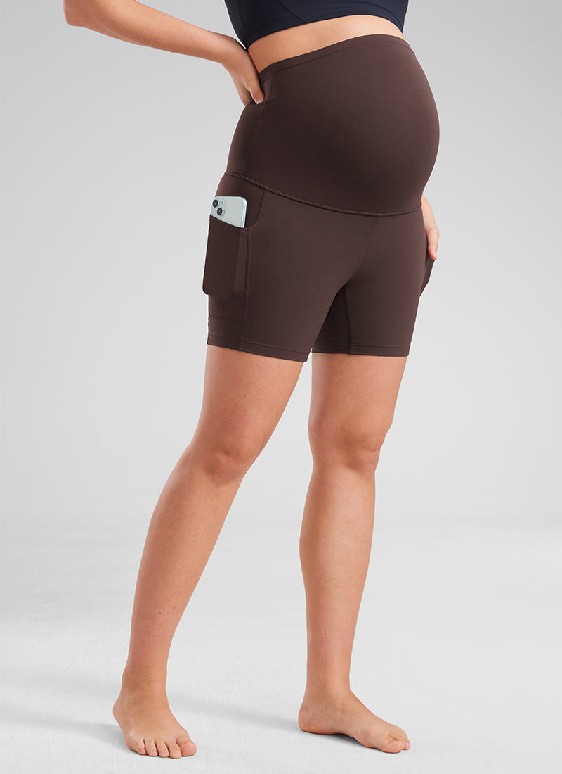 CRZ YOGA Women's Maternity Biker Shorts with Pockets Super High Rise Butterluxe 5'' Hot Fudge Brown