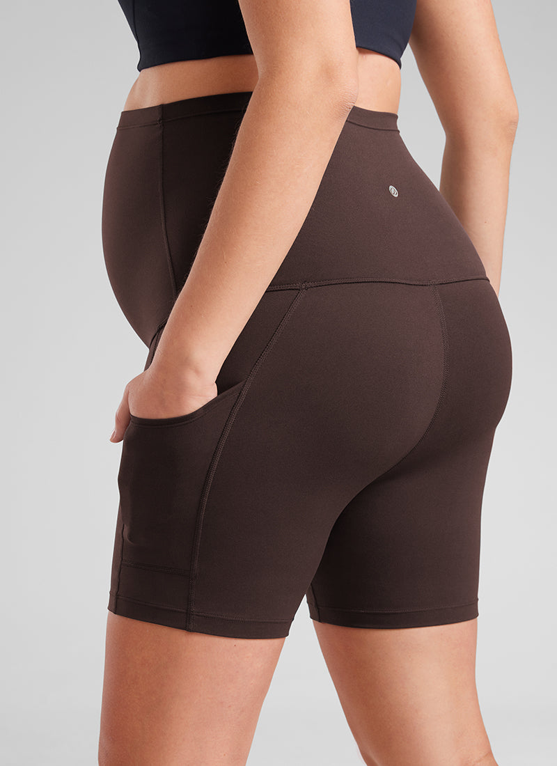 CRZ YOGA Women's Maternity Biker Shorts with Pockets Super High Rise Butterluxe 5'' Hot Fudge Brown