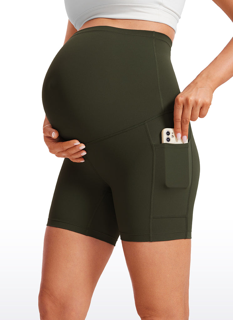 CRZ YOGA Women's Maternity Biker Shorts with Pockets Super High Rise Butterluxe 5'' Olive Green