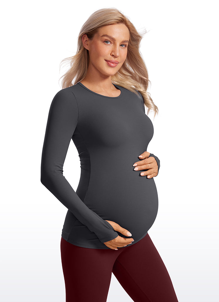 CRZ YOGA Women Butterluxe Long Sleeve Maternity Crewneck Pregnancy Top Taupe
