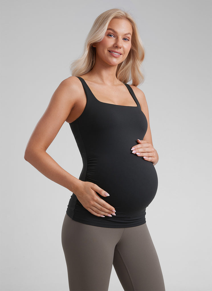 CRZ YOGA  Women's Square Neck Maternity Tank Tops Ruched Sleeveless Black