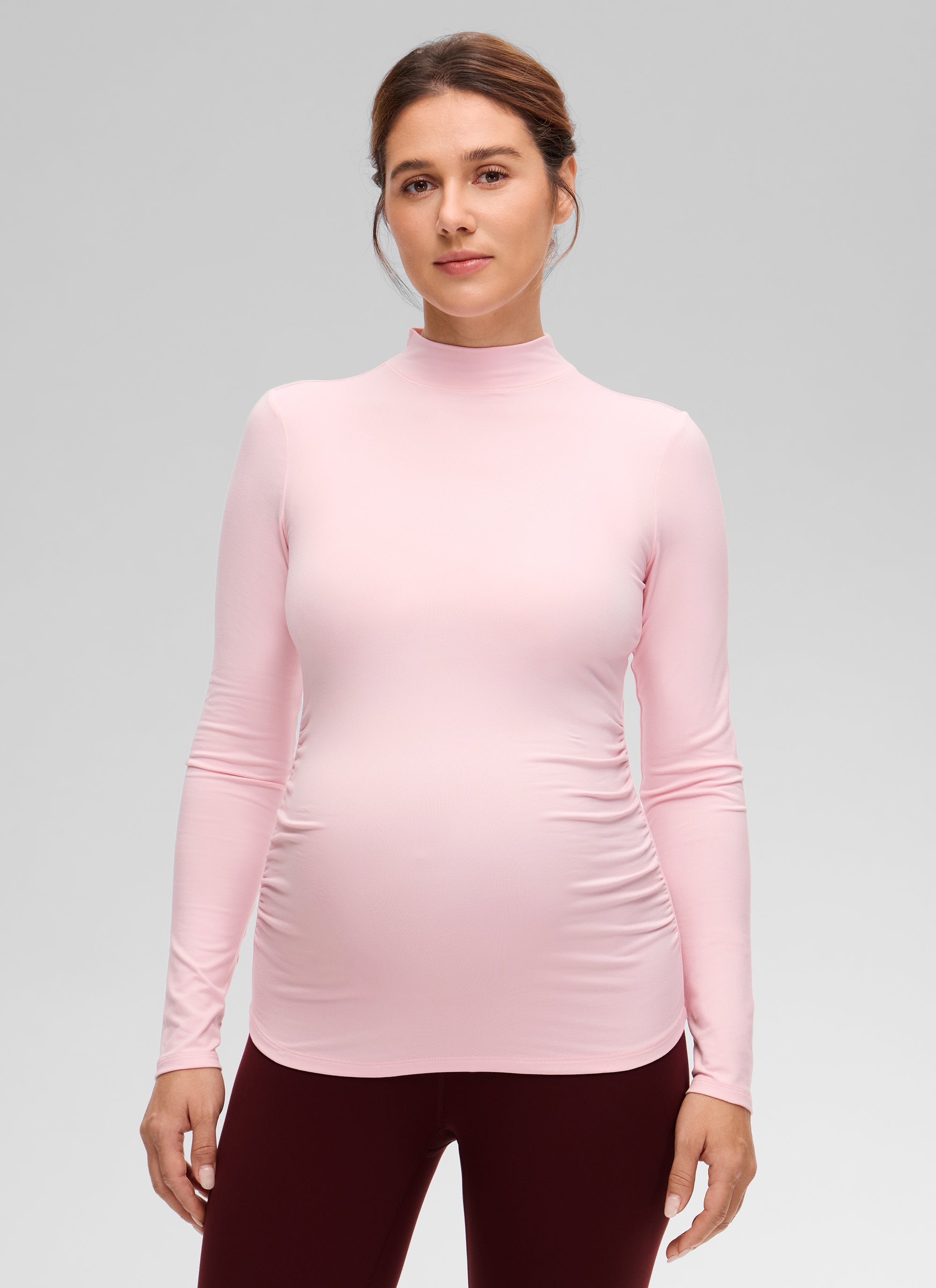 CRZ YOGA Women's Cloud Jersey Maternity Casual Mock Neck Ruched Shirt Strawberry Pink